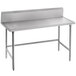 A stainless steel Advance Tabco work table with an open base and long top.