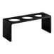 A black bamboo display stand with three circular openings for holding flatware or condiment cylinders.
