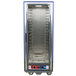 A blue Metro C5 heated holding and proofing cabinet with clear doors and shelves.