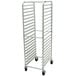 An Advance Tabco metal sheet pan rack with wheels.