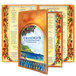 A restaurant menu with a Mediterranean villa design on a table.