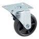 A close-up of a black Avantco swivel plate caster with a metal and black wheel.