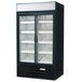 A Beverage-Air black glass door refrigerator with two shelves.