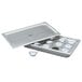 A Vollrath metal pan with a lid and six small bowls inside.