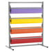 A Bulman paper rack with colorful paper rolls.