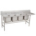 A stainless steel Advance Tabco four compartment pot sink with right drainboard.