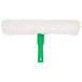 A white fluffy window squeegee with a green handle.