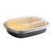 A Durable Packaging black and gold aluminum foil container with a clear plastic lid.