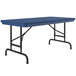 A blue rectangular Correll folding table with black pedestal legs.