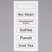 A white label with black text reading "hot water, coffee, and tea" on a Cambro insulated beverage dispenser.