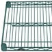 A green Metro Super Erecta wire shelf with two metal bars.