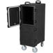 A black rectangular Carlisle Cateraide front loading food pan carrier with a door open.
