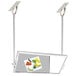 An Advance Tabco ceiling mounted tilting demo mirror over a metal table with a cutting board of different colored peppers.
