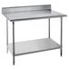 A stainless steel Advance Tabco work table with a galvanized undershelf.