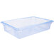 A clear plastic Carlisle food storage box with blue trim.