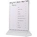 A white Cal-Mil upright acrylic displayette holding a menu card with black writing.
