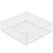 A clear square bowl with a white background.