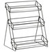 A black wire rack with three shelves holding jars.