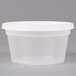 A Pactiv translucent plastic deli container with a white lid.