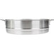 A silver aluminum steamer pot with handles.