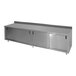 A stainless steel Advance Tabco kitchen counter with a cabinet base.