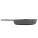 A Lodge black cast iron skillet with a handle.
