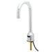 A silver Equip by T&S deck mounted sensor faucet with a chrome gooseneck spout and black sensor.