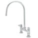 A silver Equip by T&S deck-mounted faucet with a 9" gooseneck spout and lever handles.