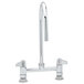 A chrome Equip by T&S deck-mounted faucet with 9" gooseneck spout and lever handles.
