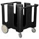 A black plastic Cambro dish dolly with wheels.