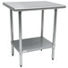 An Advance Tabco stainless steel work table with a galvanized undershelf.