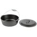 A black cast iron pot with a handle and lid.
