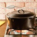 A Lodge cast iron dutch oven on a stove.