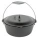 A Lodge black cast iron dutch oven with a metal handle and lid.