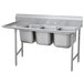 A stainless steel Advance Tabco three compartment pot sink with a left drainboard.