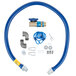 A blue Dormont gas connector hose kit with a couple of fittings and a blue restraining cable.