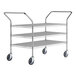 A Regency chrome utility cart with three shelves and wheels.