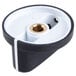 A black and white circular knob with a gold set screw.