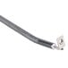 A close-up of a bent metal rod with a metal cable and screw on the end.