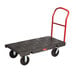 A black Rubbermaid heavy-duty platform truck with a single handle.