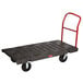 A black Rubbermaid heavy-duty platform truck with a single handle.