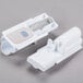 A pair of white plastic clips with a spring used for Bunn slushy machines.