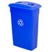 A blue Continental rectangular wall hugger recycling bin with a lid and recycle symbol.