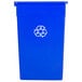 A blue Continental rectangular wall hugger recycling bin with a white recycle symbol on it.