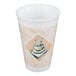 A 16 oz. foam cup with a beige and white design featuring a steaming coffee cup graphic.
