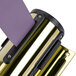 A brass Aarco wall-mount stanchion with a purple retractable belt.