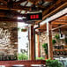 A Bromic Heating natural gas patio heater next to a green potted plant on a patio with a brick wall with a red panel.