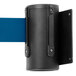 A black rectangular wall-mount stanchion with a blue retractable belt.