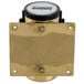 A gold metal Aarco Wall-Mount Stanchion with a black and blue cap.