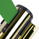 A brass wall-mount stanchion with a green retractable belt attached.